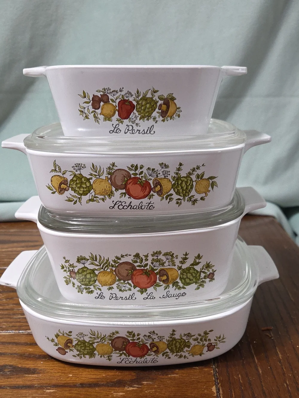 Corningware White Floral Fruit Print Stacking Casserole Dish 7 Piece Set